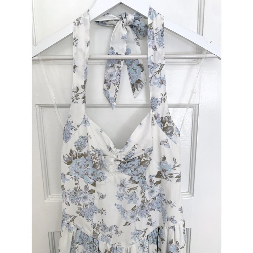 Floral Halter Sun Dress XS Coquette Blue White Sweetheart V-Waist Cottagecore - Picture 12 of 16